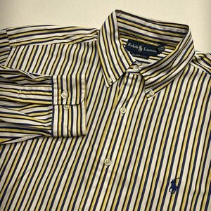 Ralph Lauren Men's Shirt Large Yellow Blue Stripe Classic Fit Preppy Long Sleeve